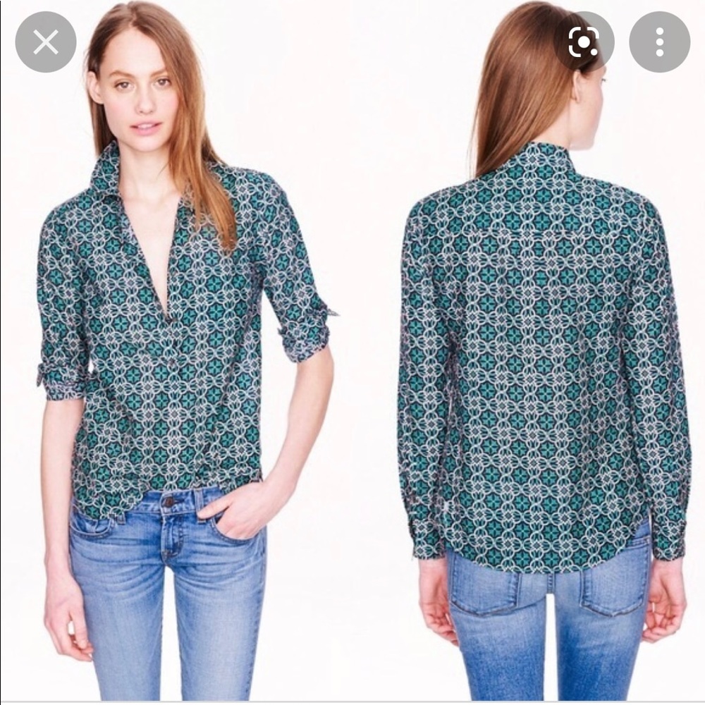 J. Crew Lattice Medallion Green Navy Cotton Silk Popover Shirt Size 4